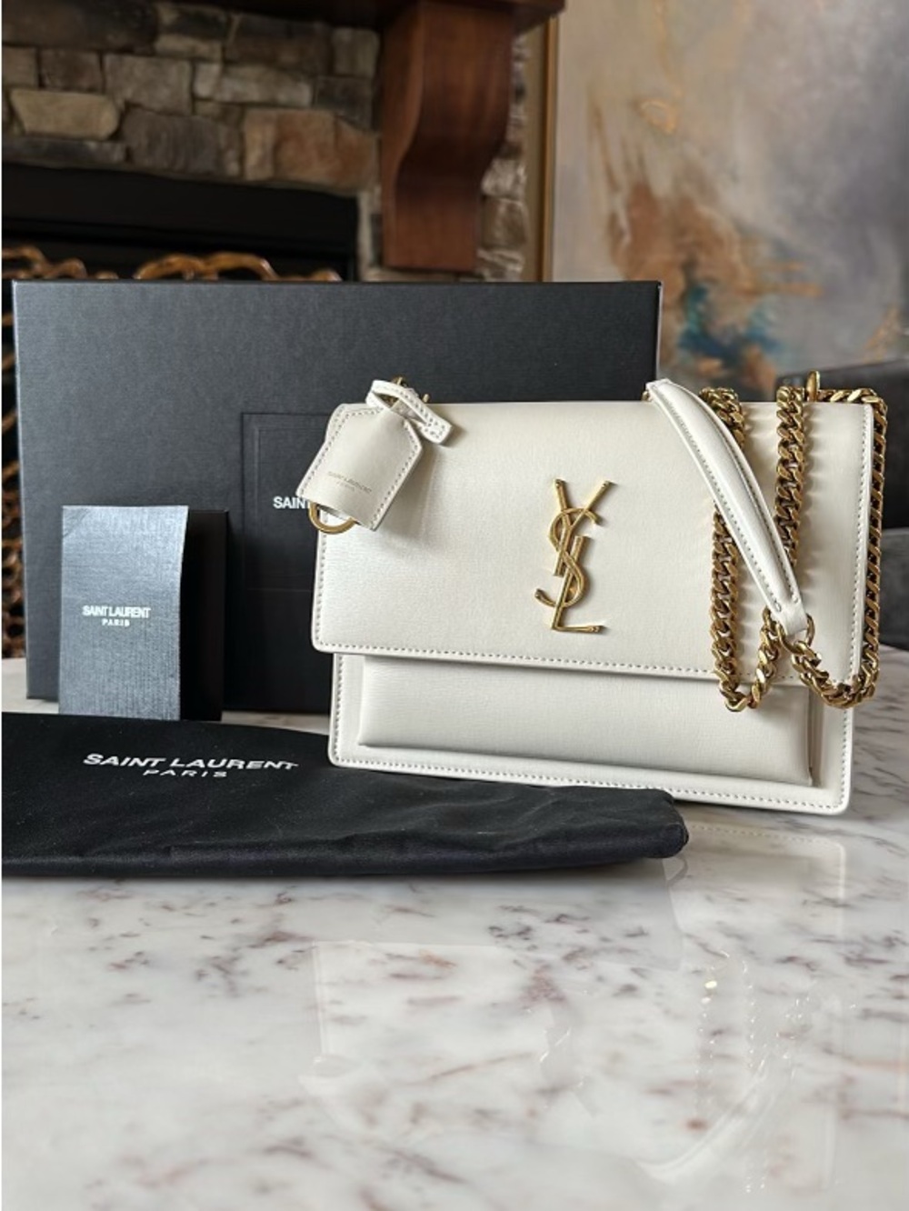 NEW Saint Laurent Cream Leather Sunset Shoulder Bag with Gold YSL